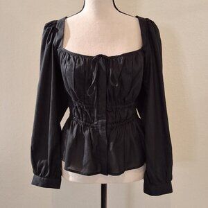 J.Crew Womens Cinched Waist Puffed Sleeve Black Top‎ Sz 12 Milkmaid Minimalist